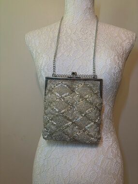 Beaded Silver Evening Clutch with Chain Strap